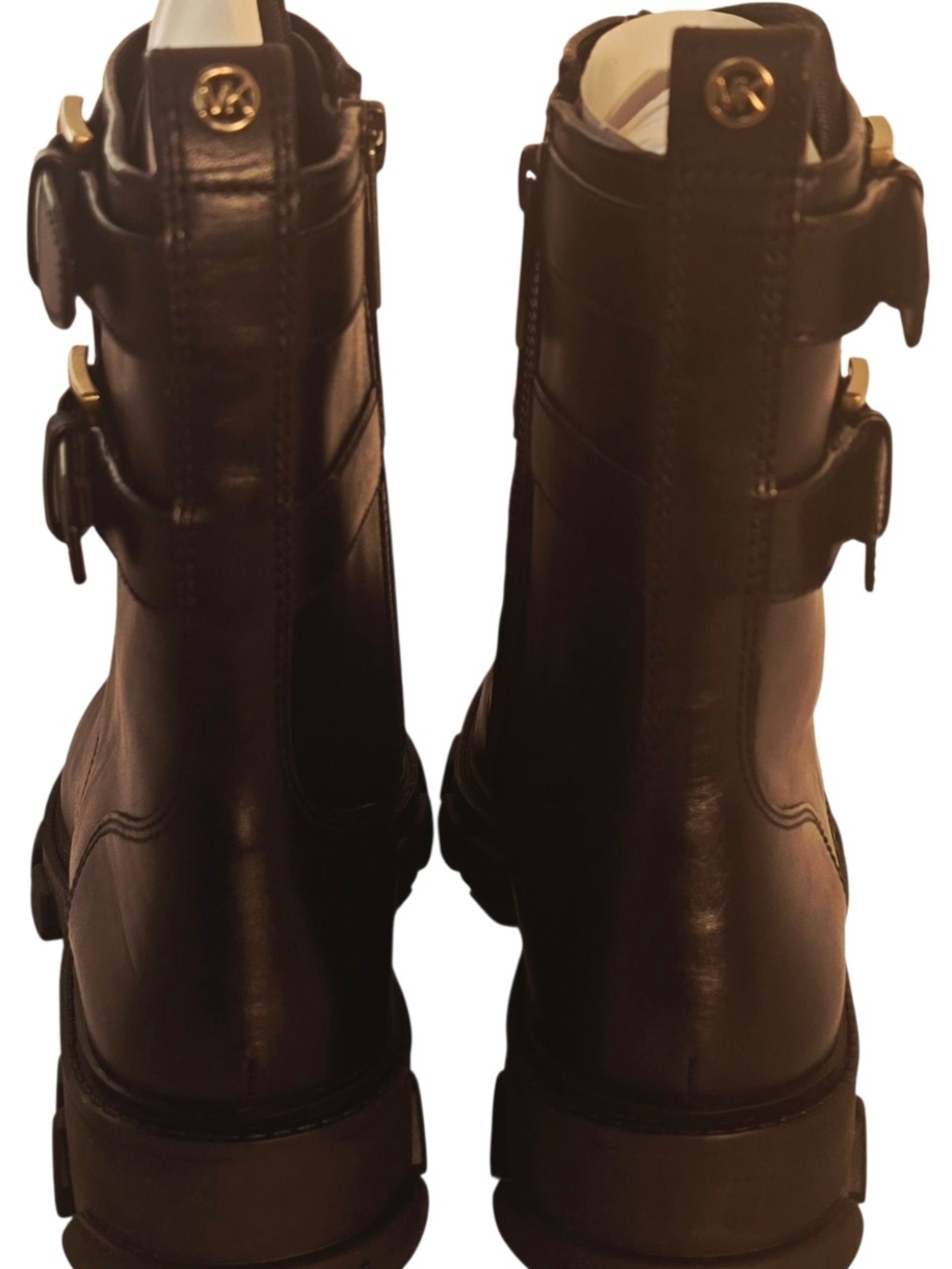 Michael Kors Black Leather Combat Boots Gold Hardware Lug Sole Moto Size 8 - Picture 5 of 8